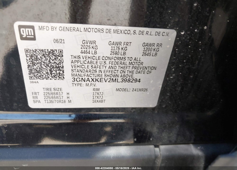 2021 CHEVROLET EQUINOX FWD LT VIN: 3GNAXKEV2ML398294