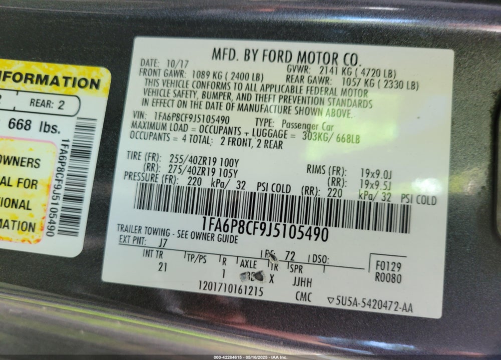 2018 FORD MUSTANG VIN: 1FA6P8CF9J5105490