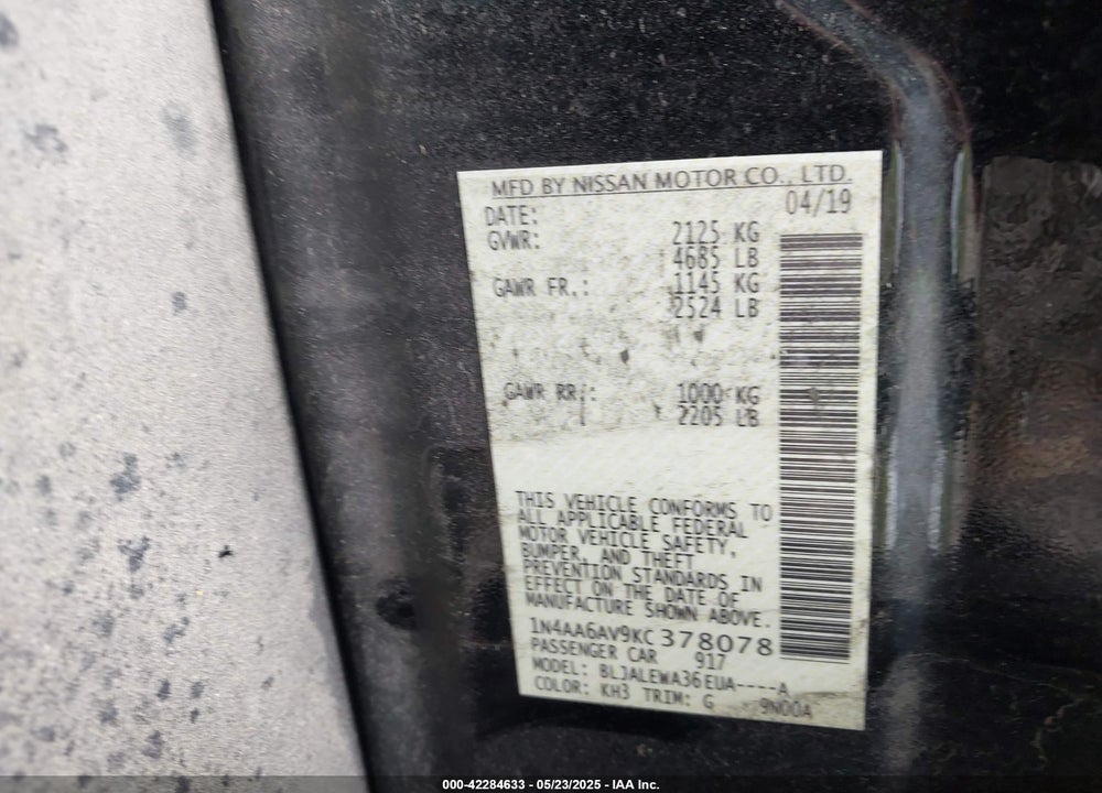 2019 NISSAN MAXIMA VIN: 1N4AA6AV9KC378078