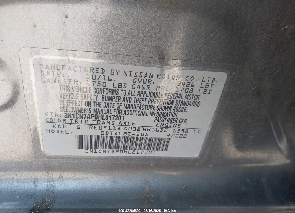 2017 NISSAN VERSA VIN: 3N1CN7AP0HL817201