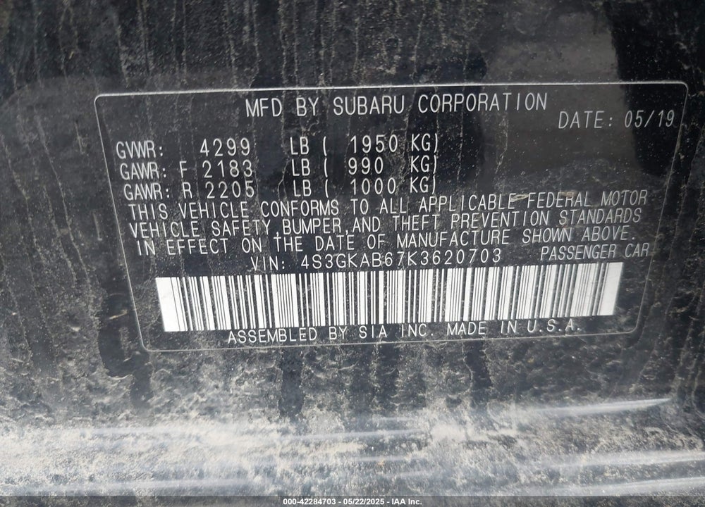 2019 SUBARU IMPREZA VIN: 4S3GKAB67K3620703