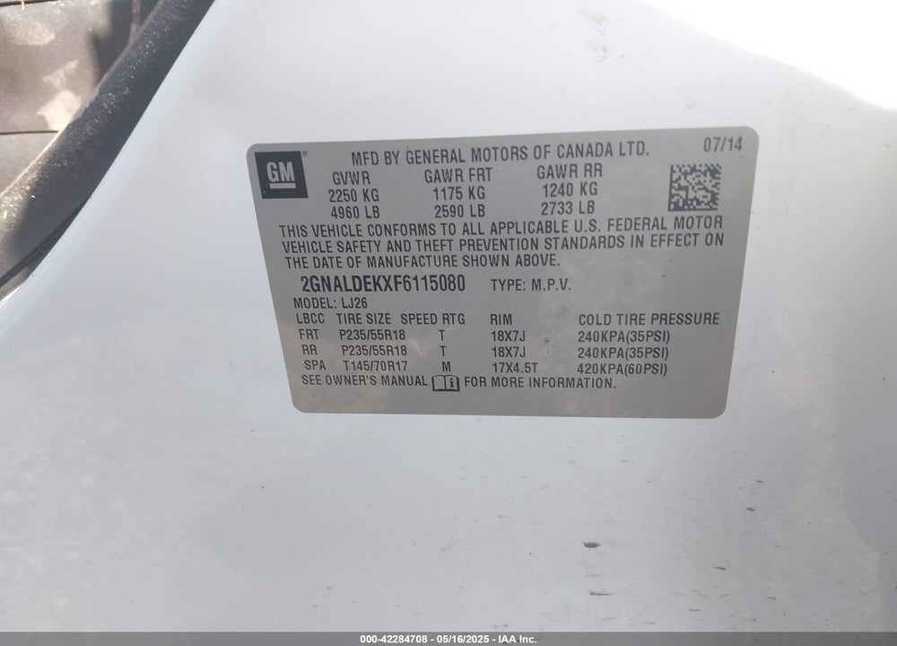 2015 CHEVROLET EQUINOX LTZ VIN: 2GNALDEKXF6115080