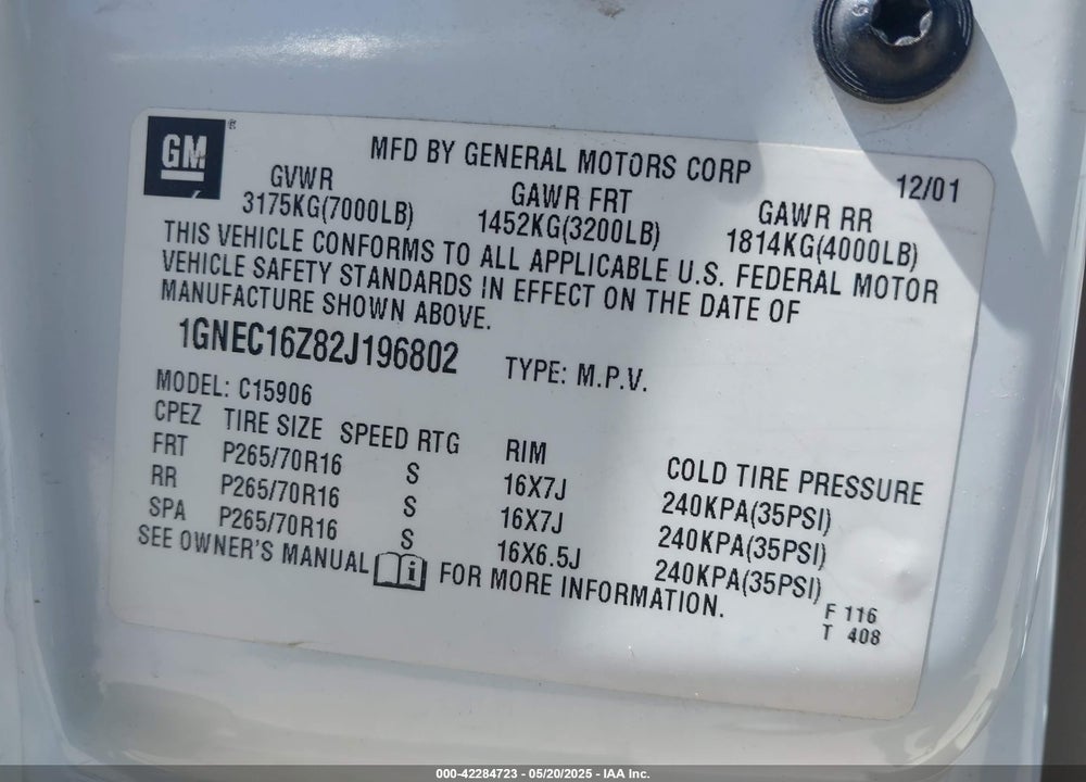 2002 CHEVROLET SUBURBAN 1500 LS VIN: 1GNEC16Z82J196802