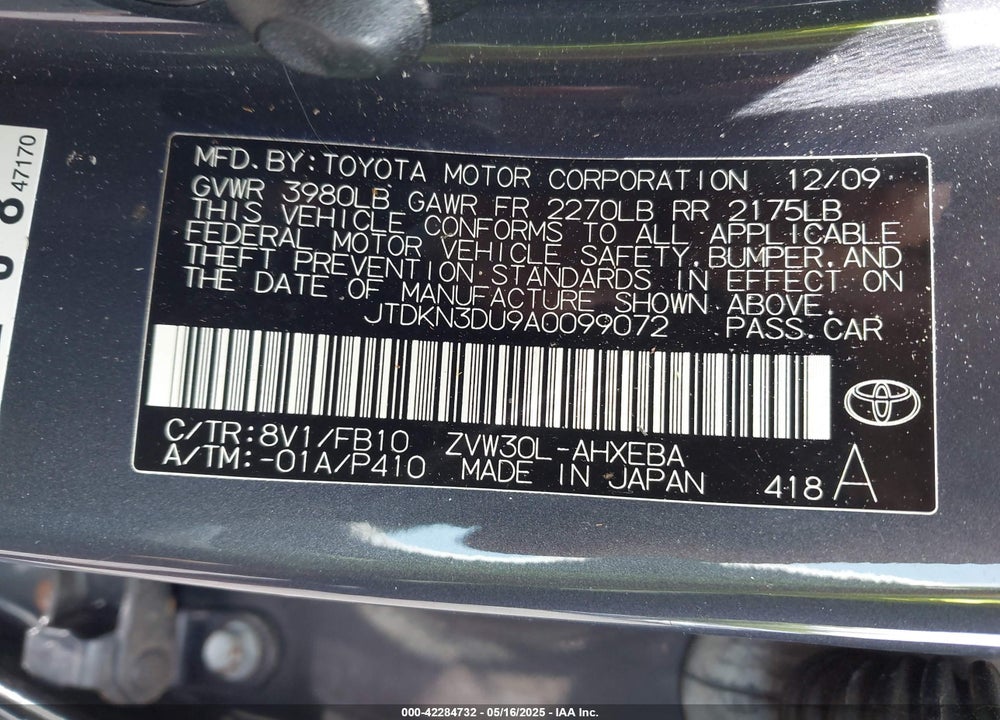 2010 TOYOTA PRIUS VIN: JTDKN3DU9A0099072