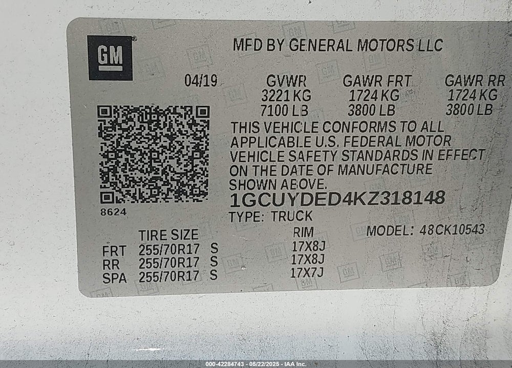 2019 CHEVROLET SILVERADO 1500 LT VIN: 1GCUYDED4KZ318148