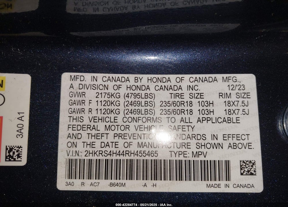 2024 HONDA CR-V VIN: 2HKRS4H44RH455465