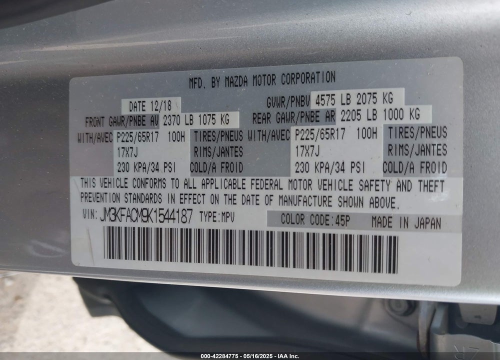 2019 MAZDA CX-5 VIN: JM3KFACM9K1544187