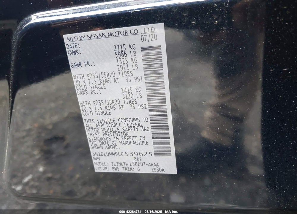 2020 INFINITI QX60 VIN: 5N1DL0MM9LC539625