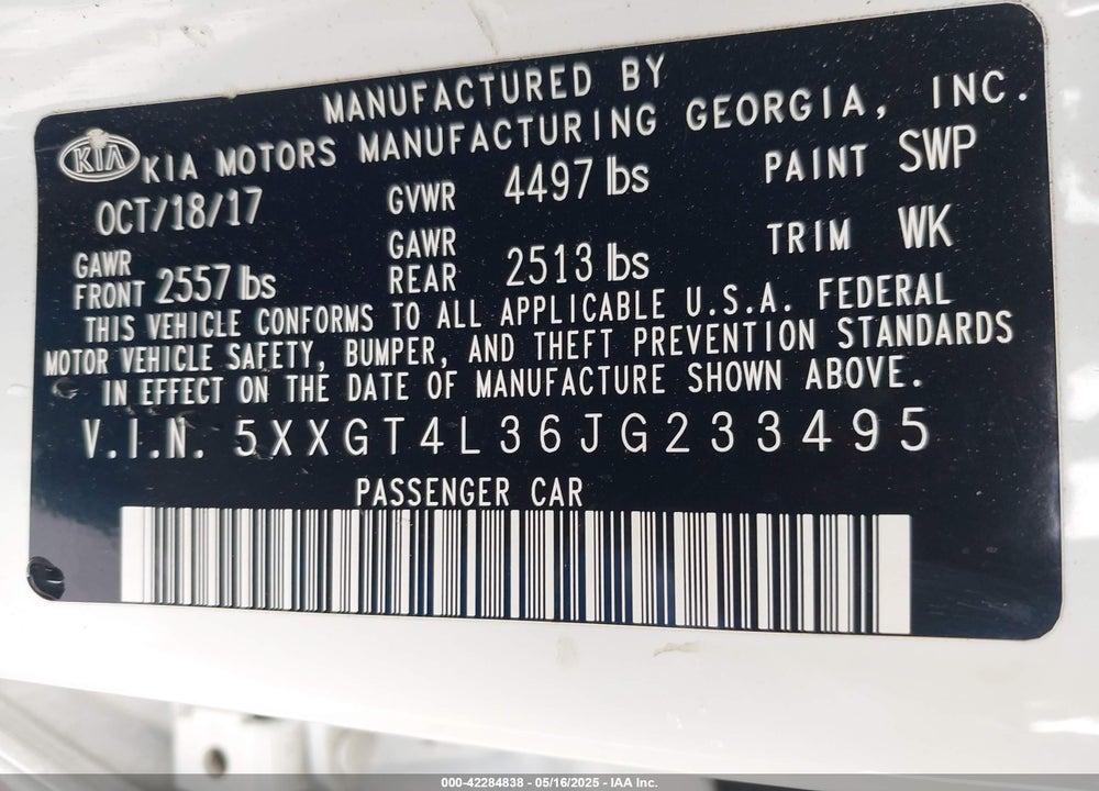 2018 KIA OPTIMA VIN: 5XXGT4L36JG233495