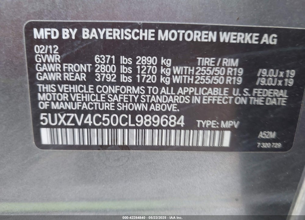 2012 BMW X5 VIN: 5UXZV4C50CL989684