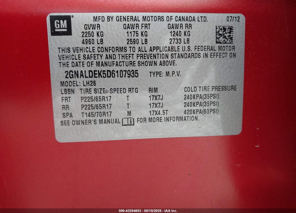 2013 CHEVROLET EQUINOX VIN: 2GNALDEK5D6107935