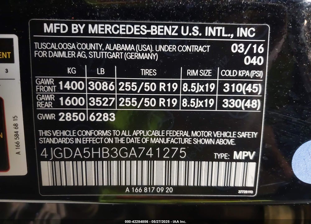 2016 MERCEDES-BENZ GLE CLASS VIN: 4JGDA5HB3GA741275