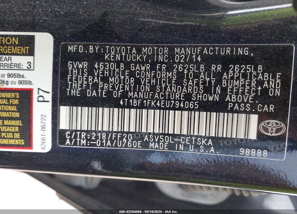 2014 TOYOTA CAMRY VIN: 4T1BF1FK4EU794065