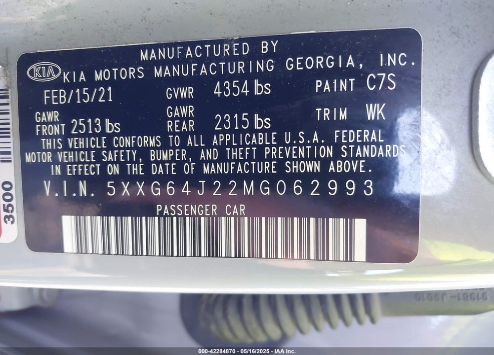 2021 KIA K5 VIN: 5XXG64J22MG062993