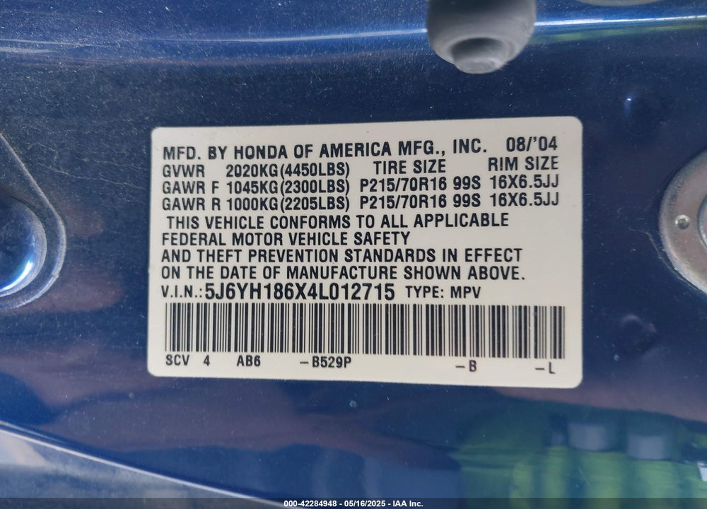 2004 HONDA ELEMENT EX VIN: 5J6YH186X4L012715