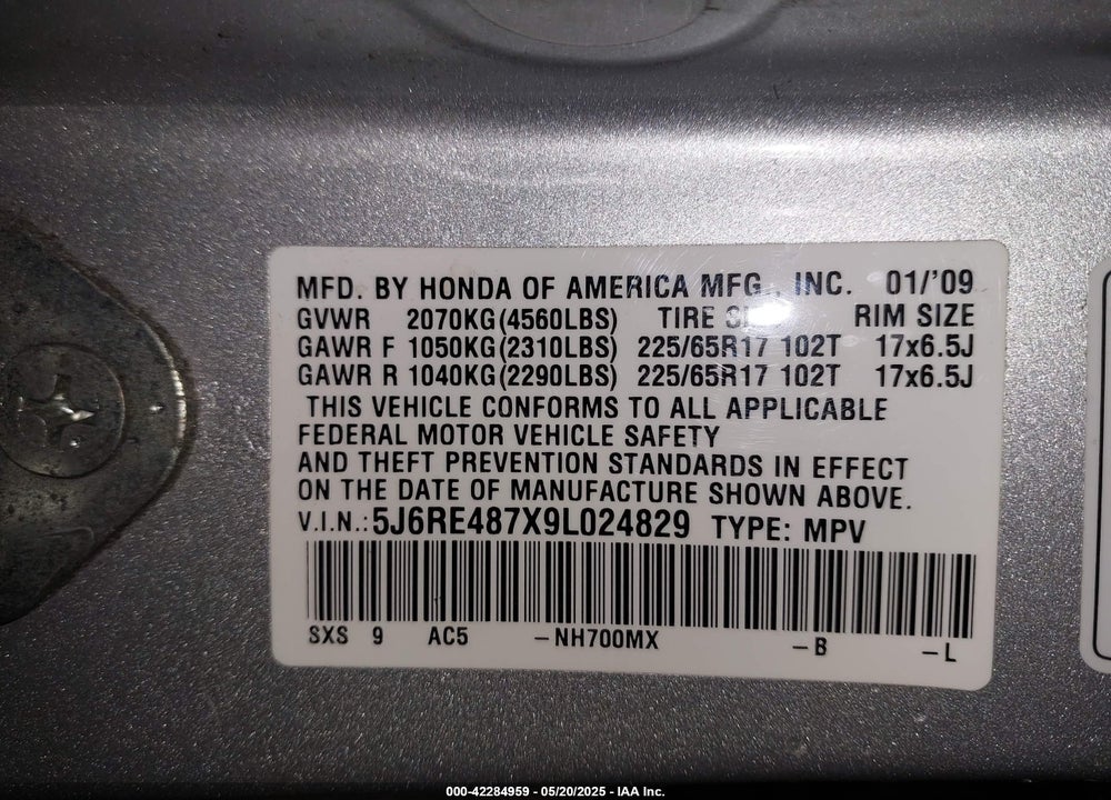2009 HONDA CR-V VIN: 5J6RE487X9L024829