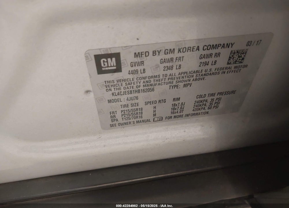 2017 BUICK ENCORE VIN: KL4CJESB1HB162056