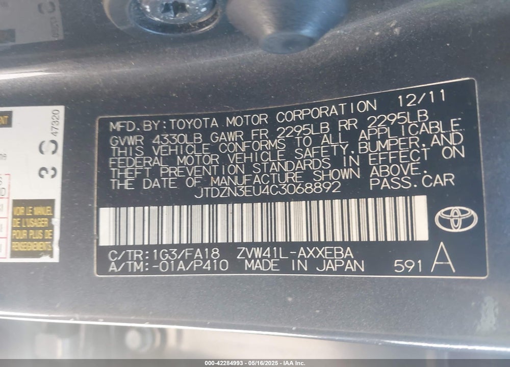 2012 TOYOTA PRIUS V VIN: JTDZN3EU4C3068892