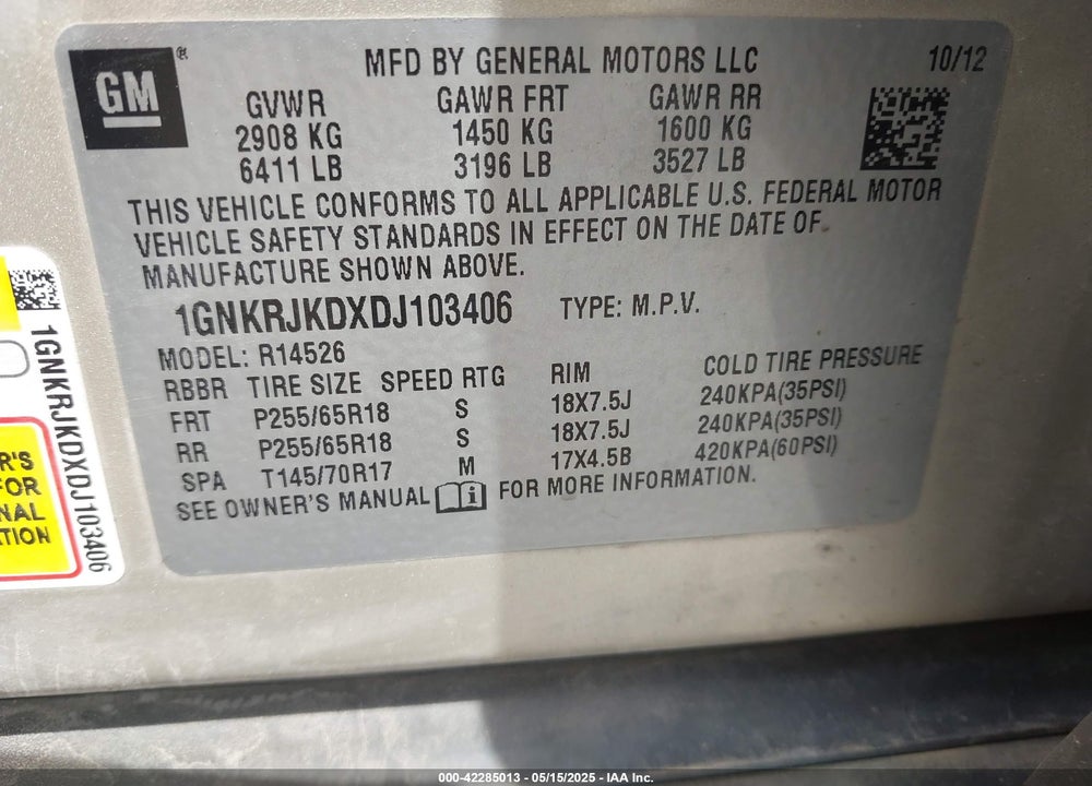 2013 CHEVROLET TRAVERSE VIN: 1GNKRJKDXDJ103406