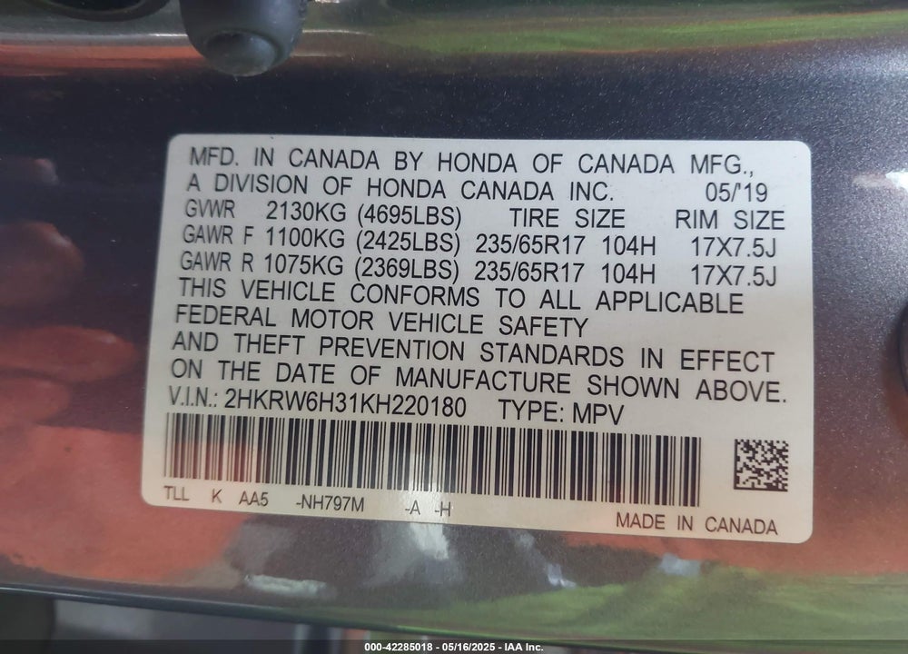 2019 HONDA CR-V VIN: 2HKRW6H31KH220180