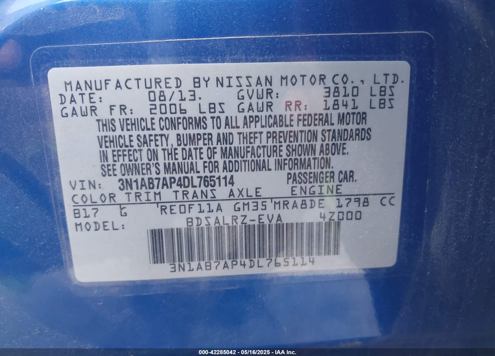 2013 NISSAN SENTRA VIN: 3N1AB7AP4DL765114