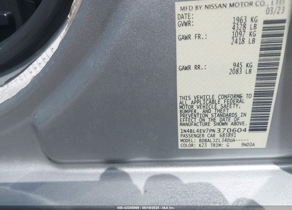 2023 NISSAN ALTIMA VIN: 1N4BL4EV7PN370604