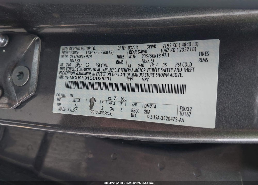 2013 FORD ESCAPE VIN: 1FMCU9H91DUD25291