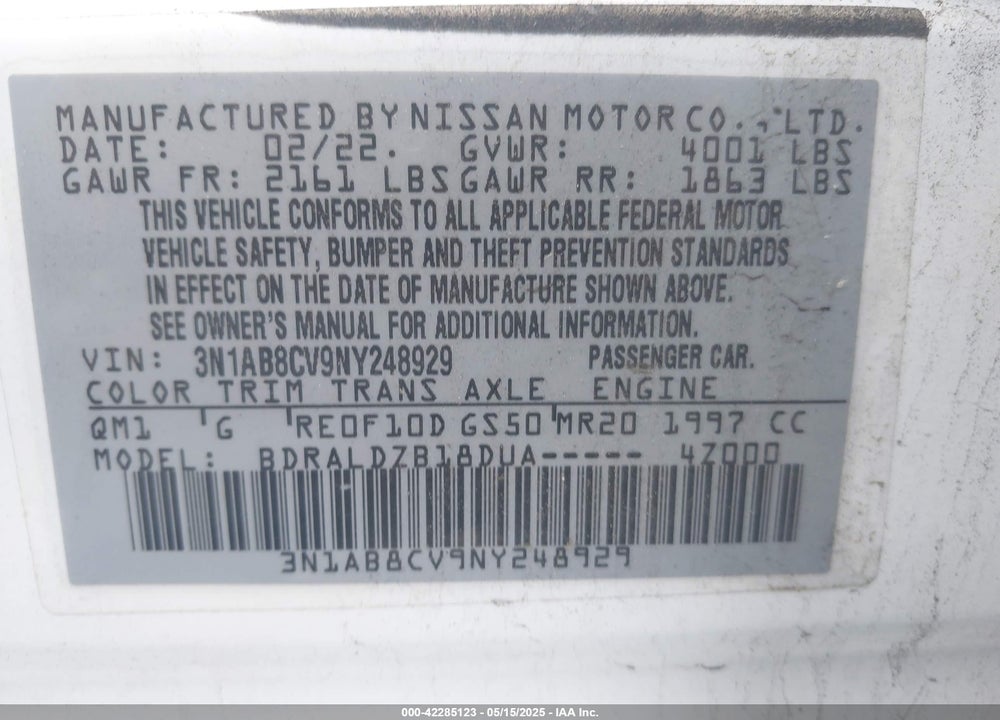 2022 NISSAN SENTRA VIN: 3N1AB8CV9NY248929