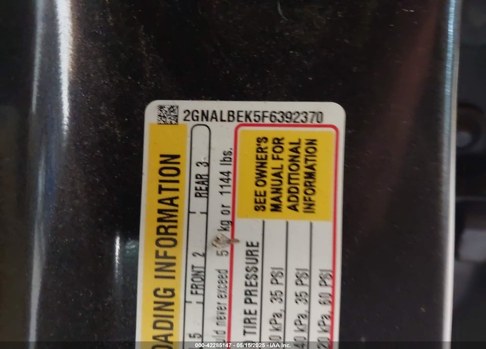 2015 CHEVROLET EQUINOX 1LT VIN: 2GNALBEK5F6392370