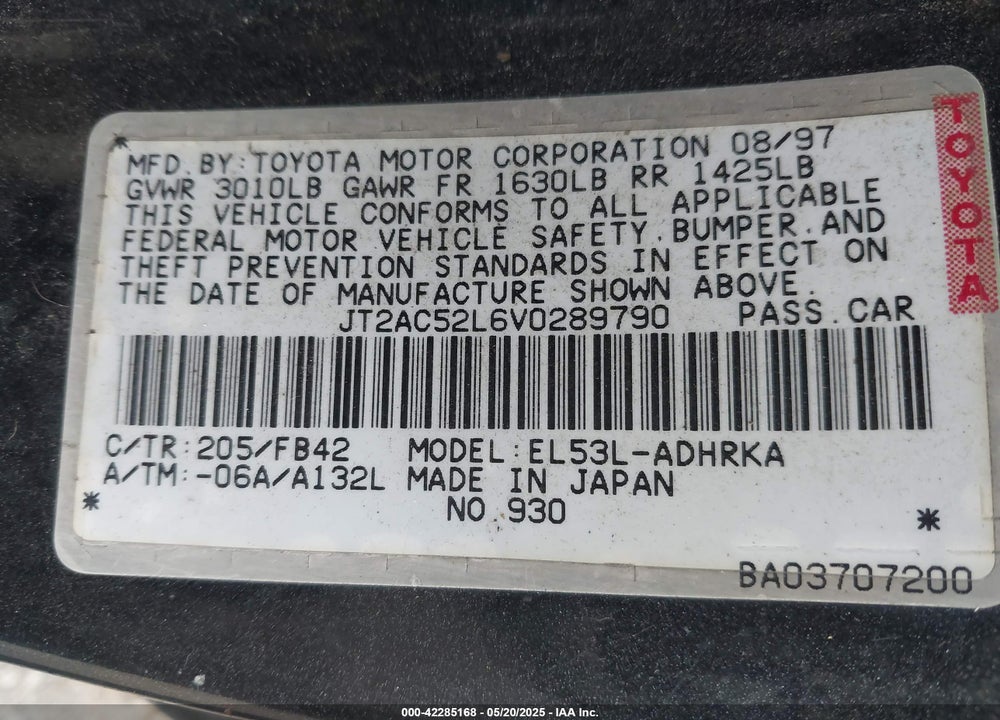 1997 TOYOTA TERCEL LIMITED EDITION VIN: JT2AC52L6V0289790