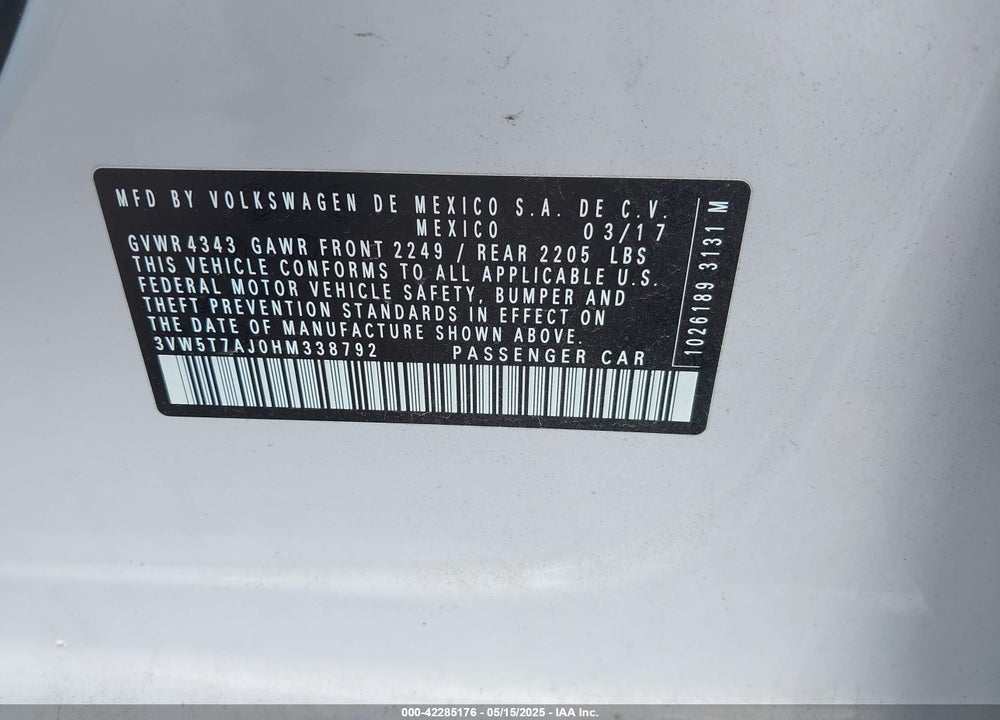 2017 VOLKSWAGEN JETTA GLI VIN: 3VW5T7AJ0HM338792