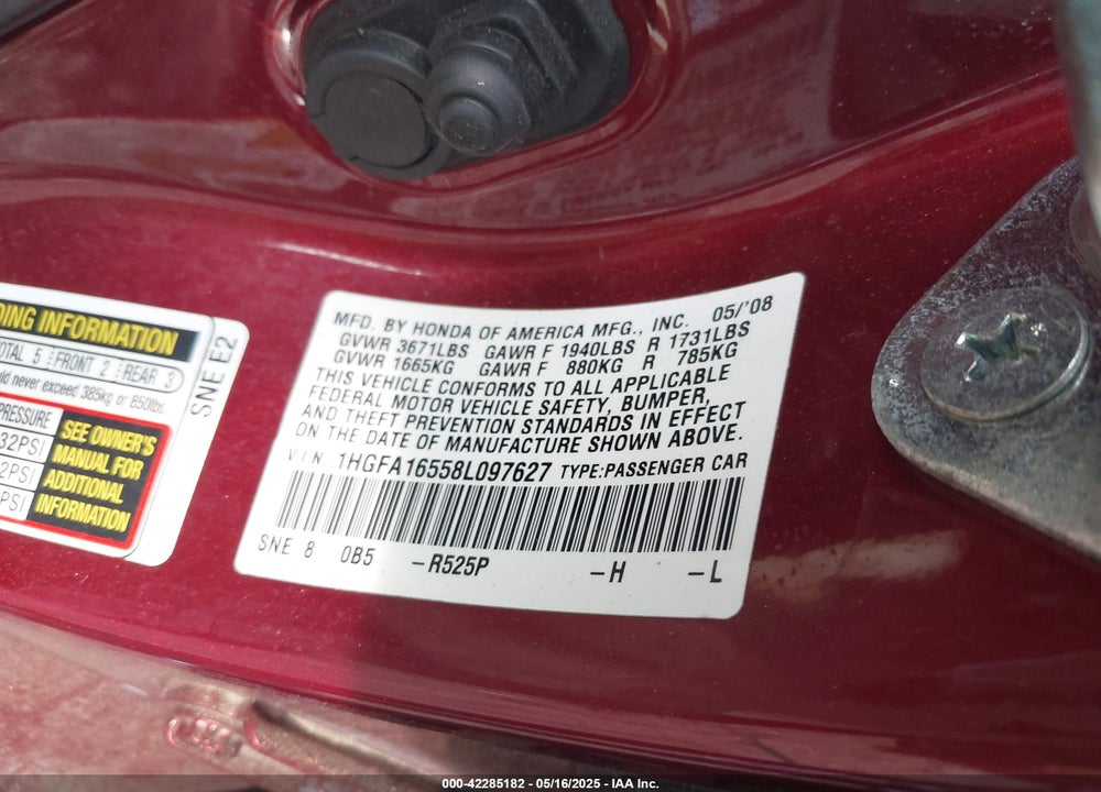 2008 HONDA CIVIC VIN: 1HGFA16558L097627