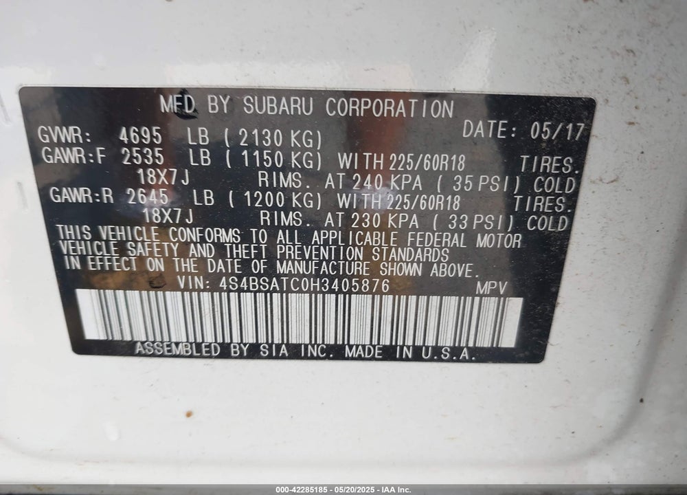 2017 SUBARU OUTBACK VIN: 4S4BSATC0H3405876