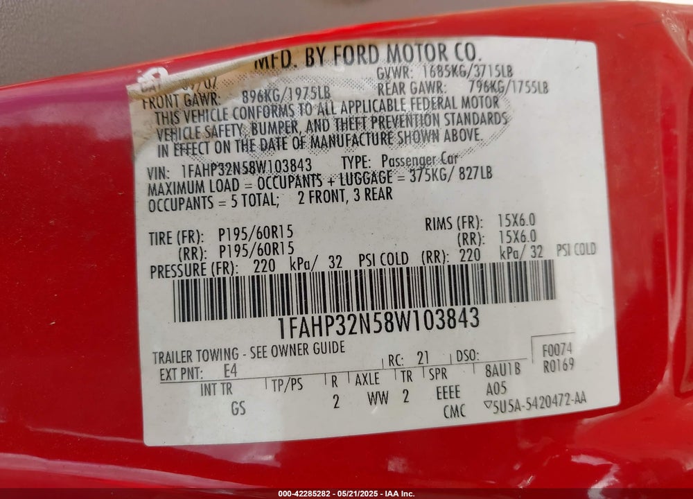 2008 FORD FOCUS S/SE VIN: 1FAHP32N58W103843