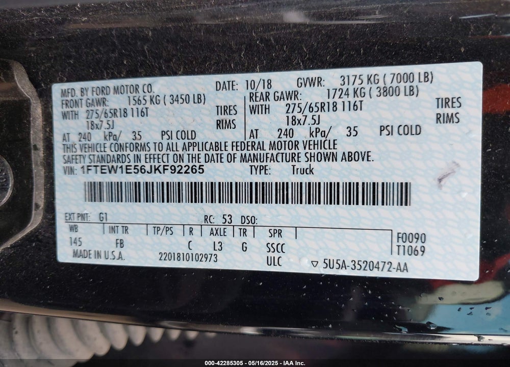 2018 FORD F-150 XLT VIN: 1FTEW1E56JKF92265