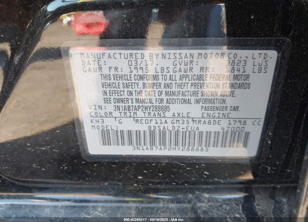 2017 NISSAN SENTRA SV VIN: 3N1AB7AP2HY288885