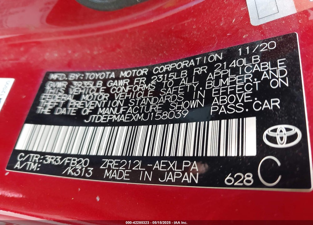 2021 TOYOTA COROLLA LE VIN: JTDEPMAEXMJ158039