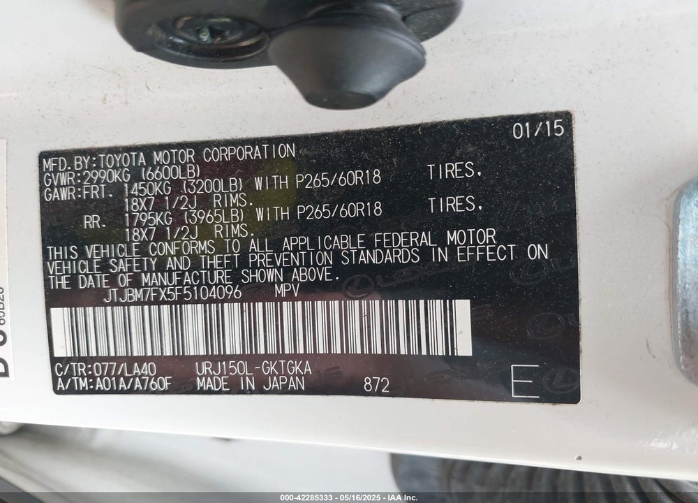 2015 LEXUS GX 460 VIN: JTJBM7FX5F5104096