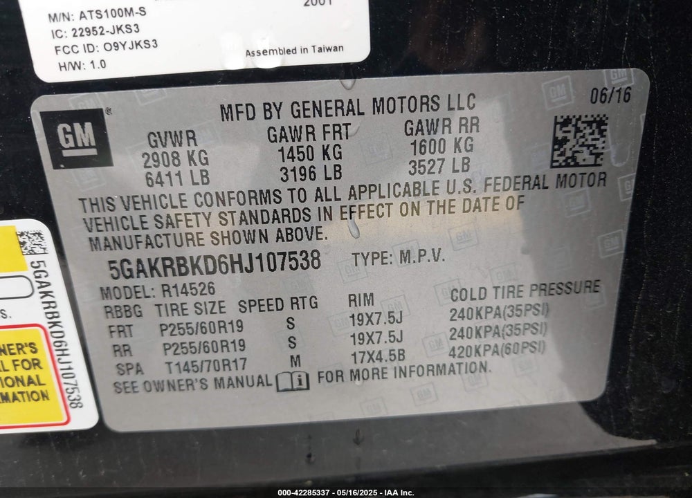 2017 BUICK ENCLAVE LEATHER VIN: 5GAKRBKD6HJ107538