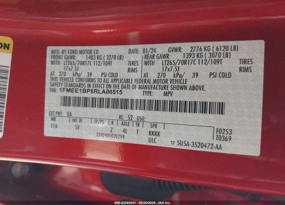 2024 FORD BRONCO VIN: 1FMEE1BP8RLA06515