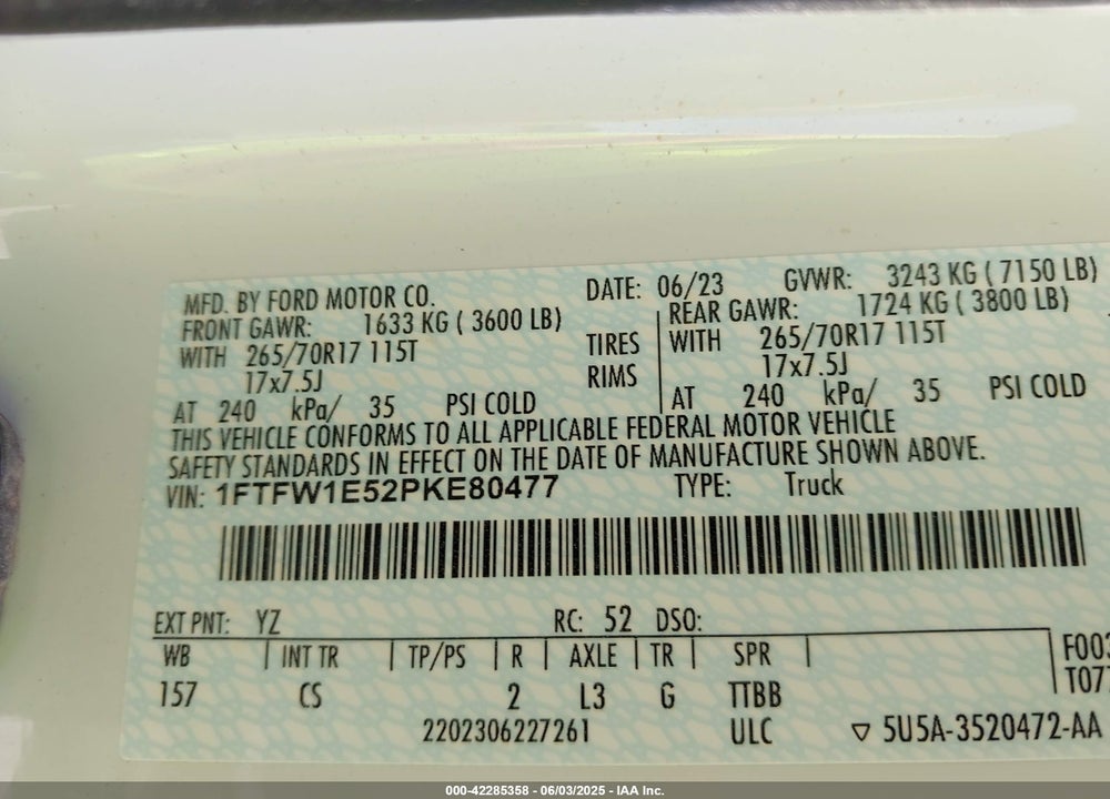 2023 FORD F-150 VIN: 1FTFW1E52PKE80477