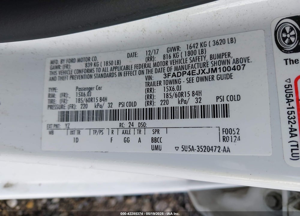 2018 FORD FIESTA SE VIN: 3FADP4EJXJM100407