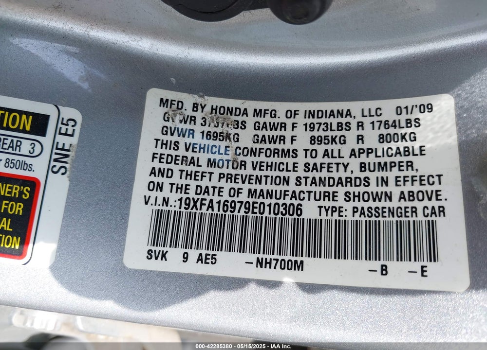 2009 HONDA CIVIC EX-L VIN: 19XFA16979E010306