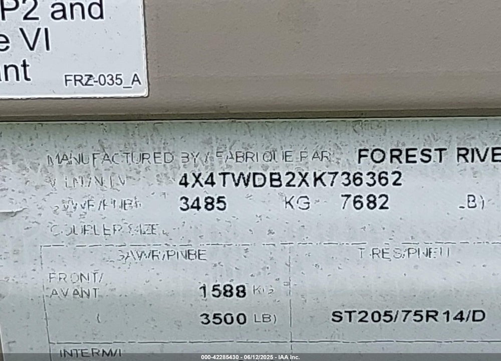 2019 FOREST RIVER WILDWOO 263 BH XL VIN: 4X4TWDB2XK7363623