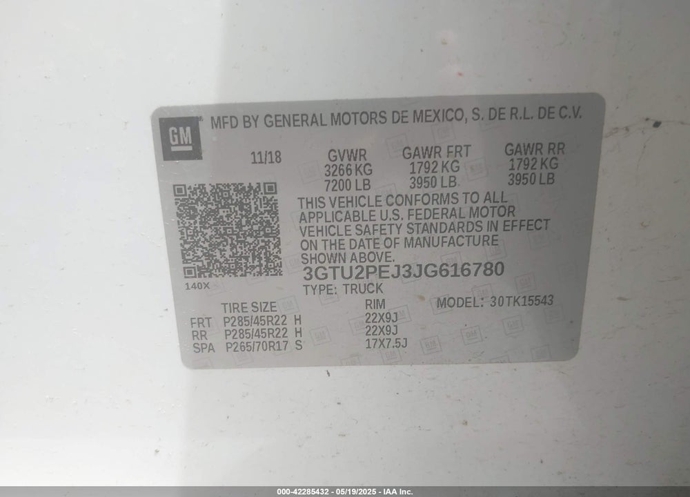 2018 GMC SIERRA 1500 DENALI VIN: 3GTU2PEJ3JG616780