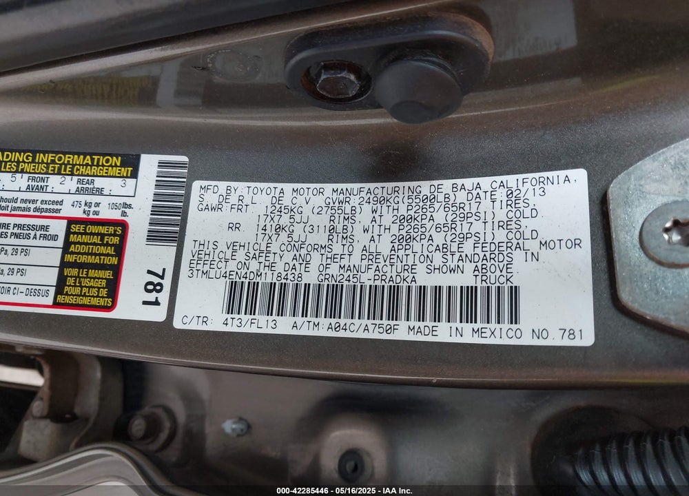 2013 TOYOTA TACOMA BASE V6 VIN: 3TMLU4EN4DM118438