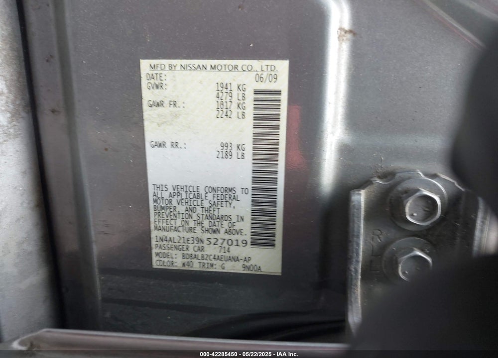 2009 NISSAN ALTIMA VIN: 1N4AL21E39N527019