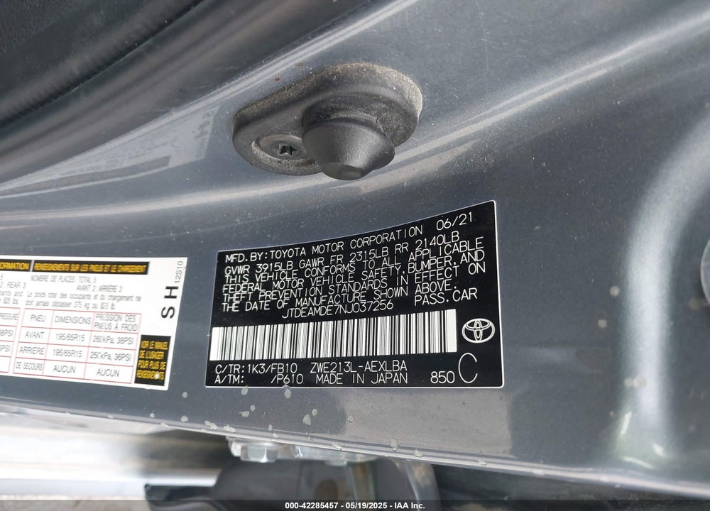 2022 TOYOTA COROLLA HYBRID LE VIN: JTDEAMDE7NJ037256