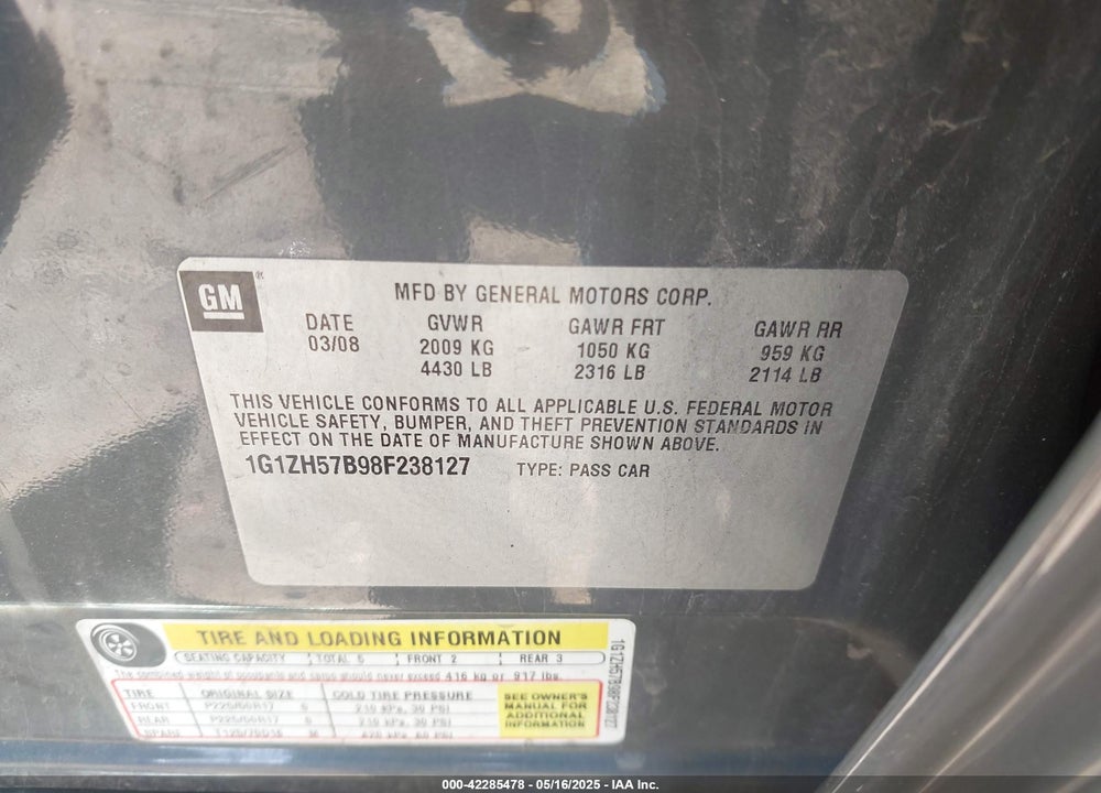 2008 CHEVROLET MALIBU LT VIN: 1G1ZH57B98F238127