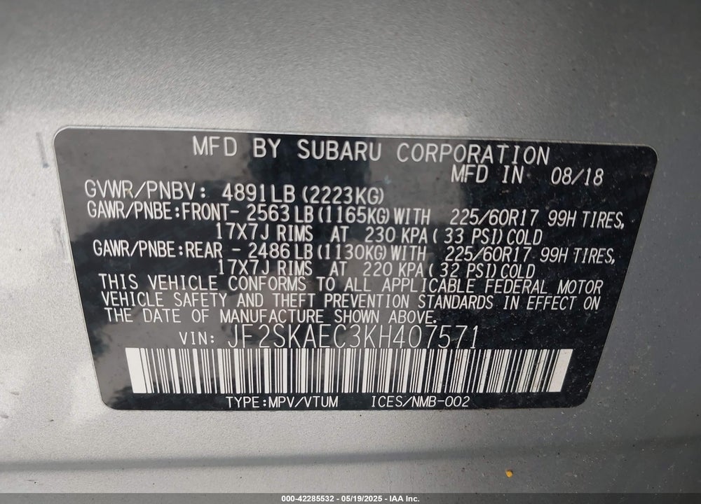 2019 SUBARU FORESTER VIN: JF2SKAEC3KH407571